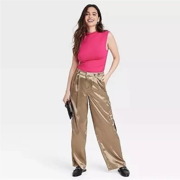 New-a new day-10-gold-high-rise, satin, pleated, wide leg, slouchy, cargo pants. - Picture 3 of 16